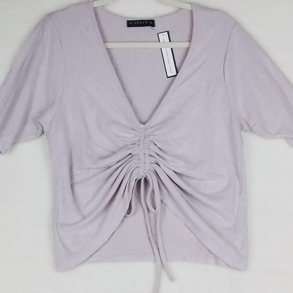 Soncy Knit Tee‎ Top 22-24 Pink Gray Plush V Neck Short Sleeve Ruched Front